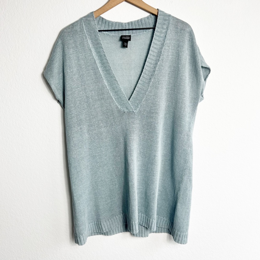 Eileen Fisher Light Blue V-Neck Sweater Tunic with cap sleeves